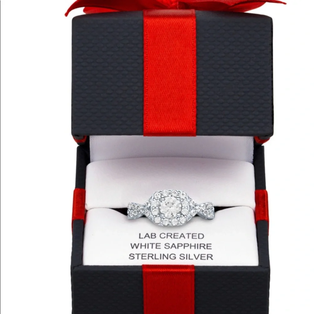 NIB Sparkling Lab Created White Sapphire Cocktail Ring Sterling Silver sz 7